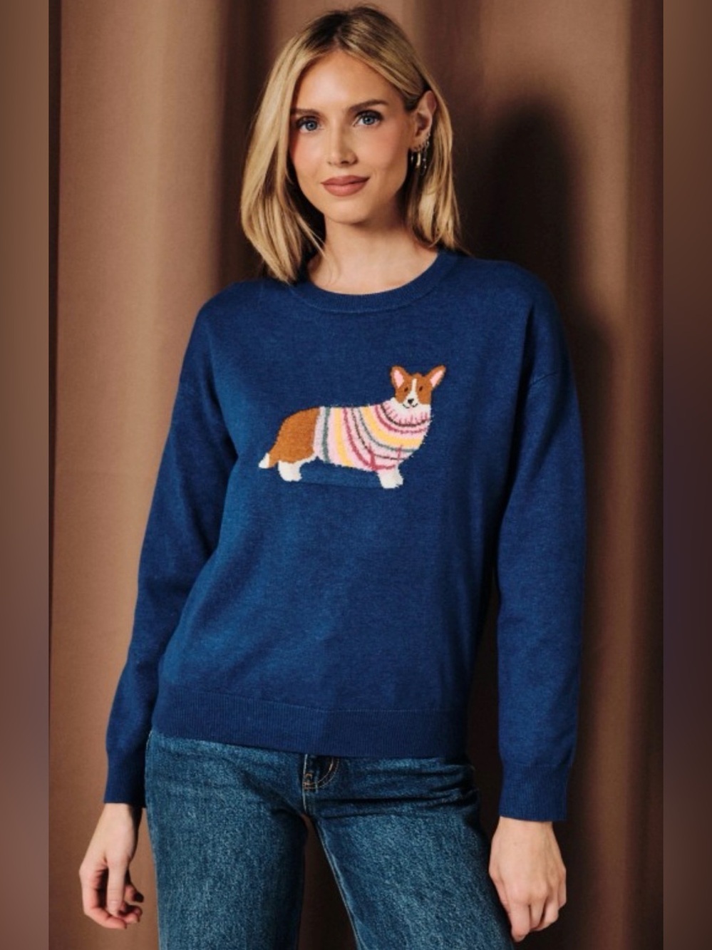 Blue Corgi Intarsia Crewneck Sweater
